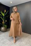 Çiçek Detaylı Keten Etekli Takım Camel