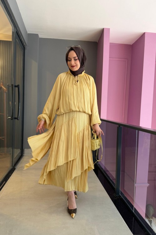 Kraşlı İzabella Etekli Takım Sarı