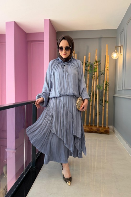 Kraşlı İzabella Etekli Takım Mavi