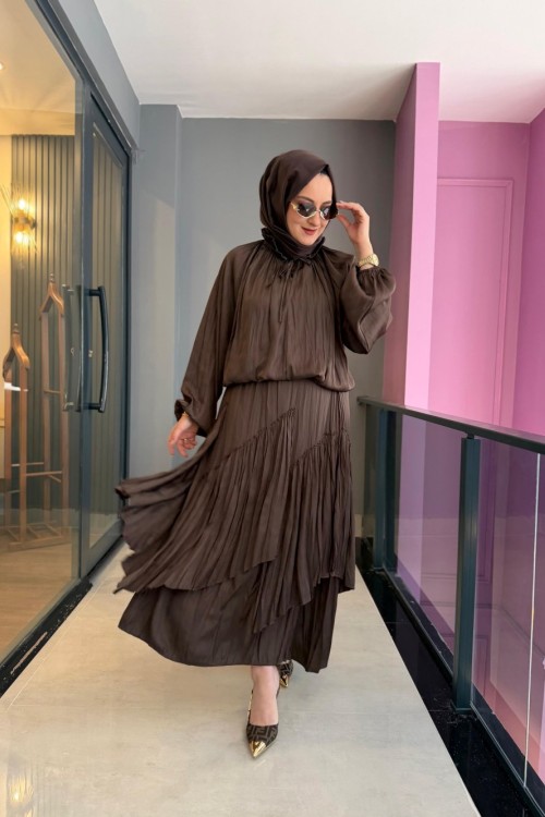 Kraşlı İzabella Etekli Takım Kahverengi