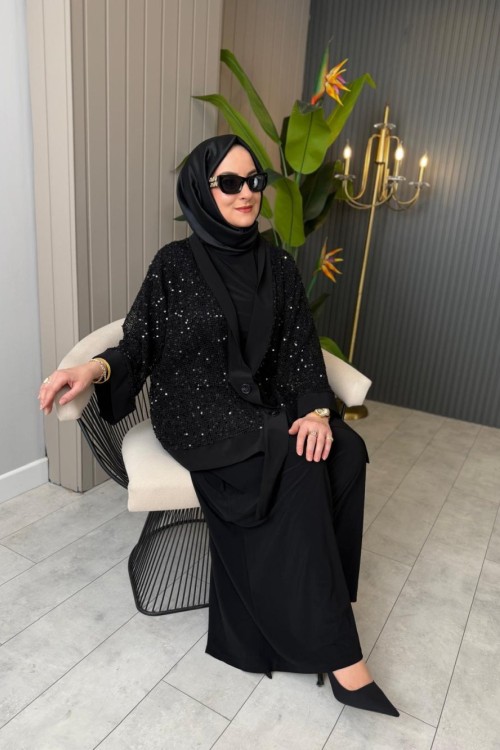 File Pul Payet Üçlü Takım Siyah