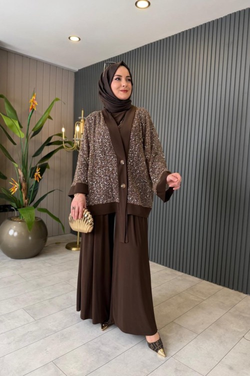 File Pul Payet Üçlü Takım Kahverengi