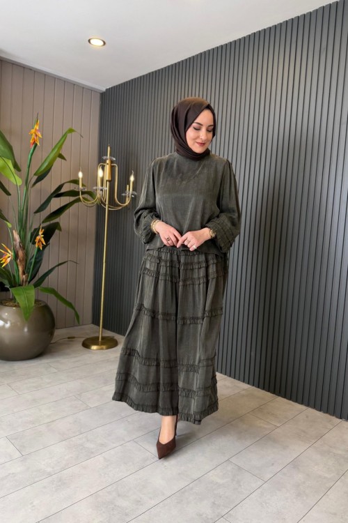 Emma İpek Kupra Etekli Takım  Haki