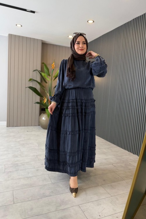 Emma İpek Kupra Etekli Takım  Lacivert