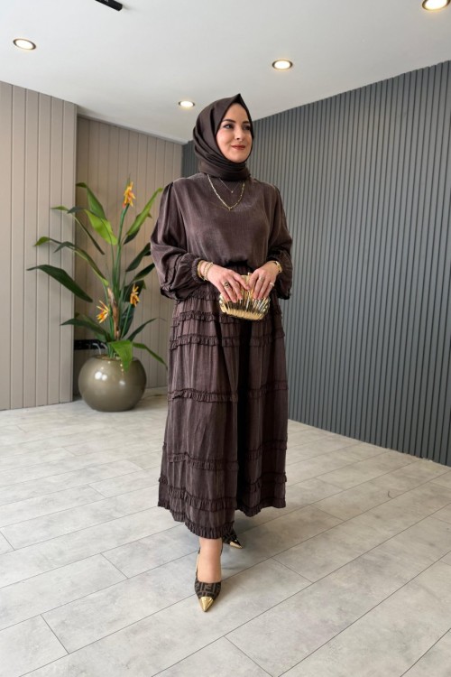 Emma İpek Kupra Etekli Takım  Kahverengi