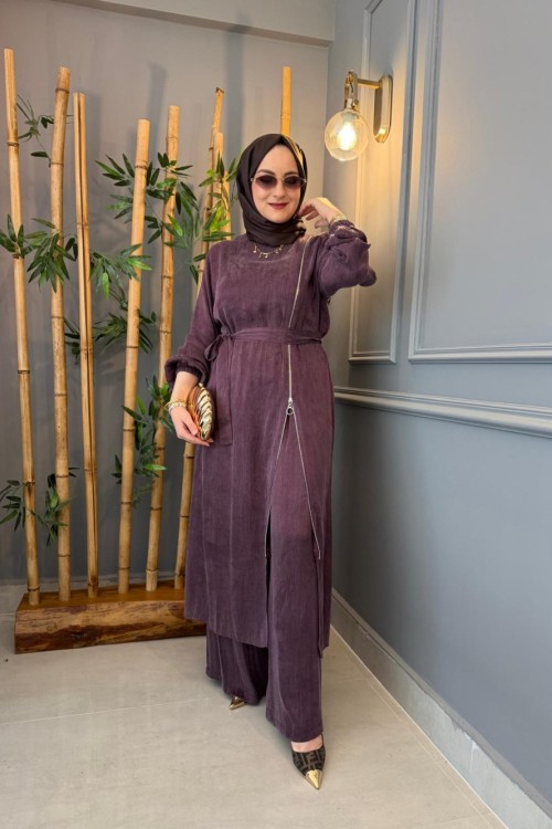 Fermuar Detaylı İpek Kupra Pantolon Takım Mürdüm