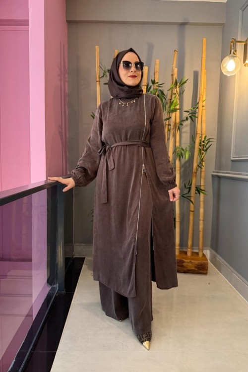 Fermuar Detaylı İpek Kupra Pantolon Takım Kahve