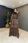 Leopar Detaylı Saten Elbise Leopar
