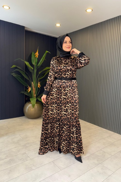 Leopar Detaylı Saten Elbise Leopar