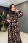 Leopar Detaylı Saten Elbise Leopar