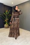 Leopar Detaylı Saten Elbise Leopar