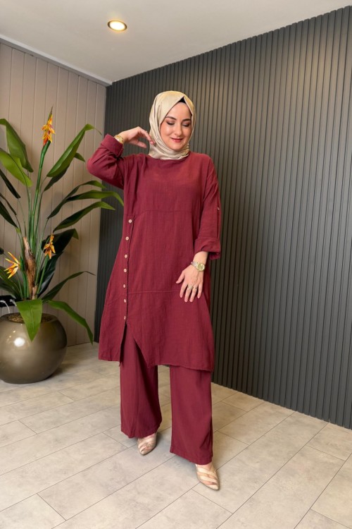 Müslin Rahat Pantolon Takım Bordo