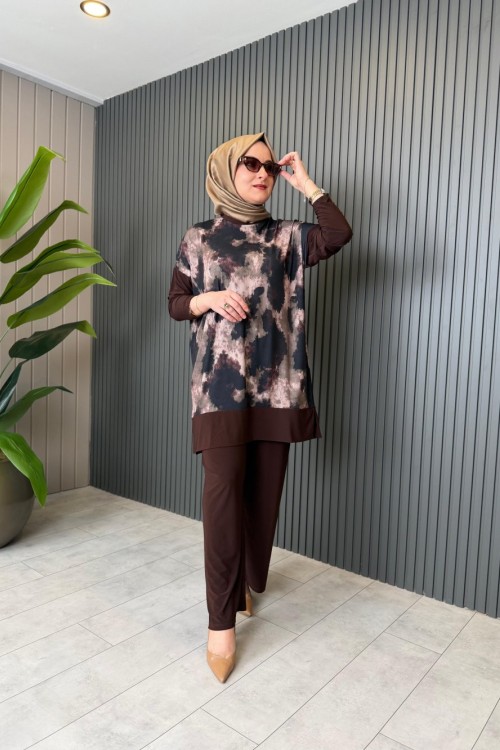 Esra Batik Pantolon Takım  Kahverengi