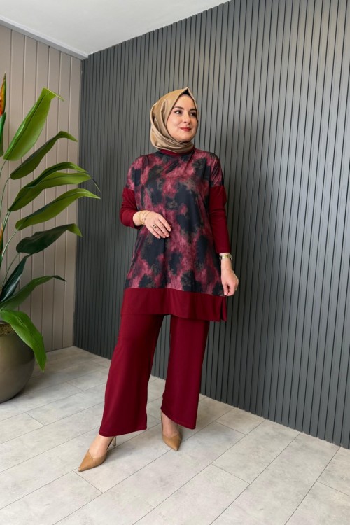 Esra Batik Pantolon Takım  Bordo