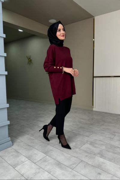 Kol Leopar Detaylı Triko Elbise Bordo