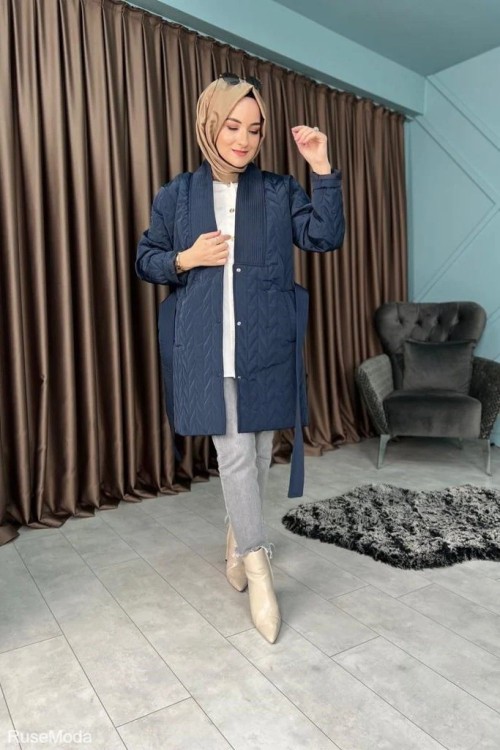 Yaka Detaylı Mont Lacivert