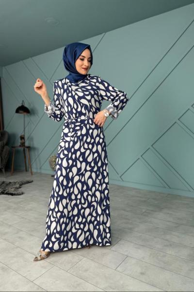 Vatkalı Degaje Yaka Elbise Lacivert