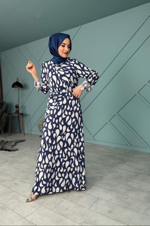 Vatkalı Degaje Yaka Elbise Lacivert