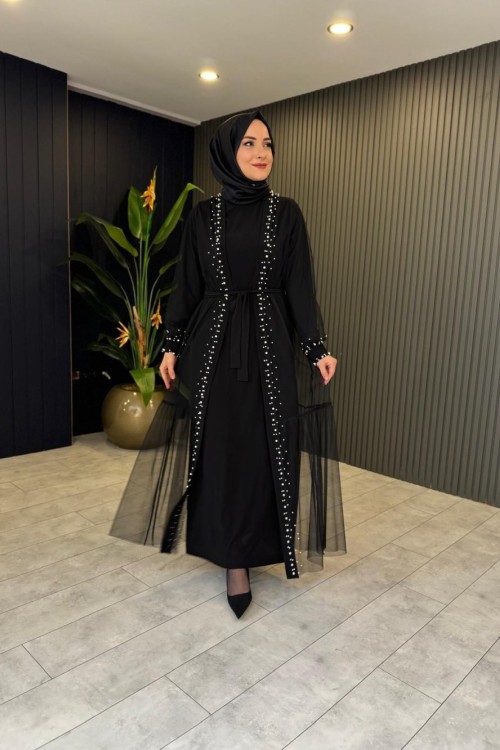 İnci Detaylı Elbise Siyah Siyah