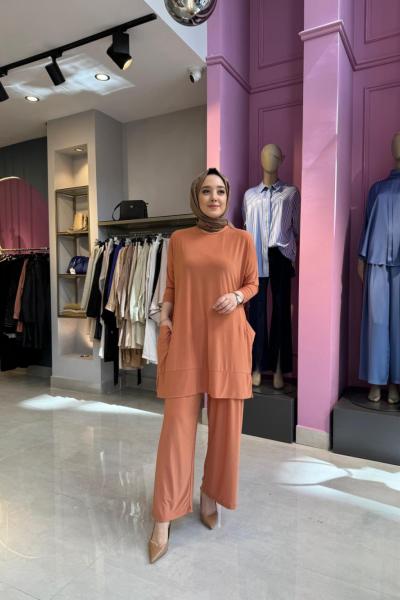 Tuniği Cep Detaylı Pantolonlu Takım Kavun İçi Kavun İçi