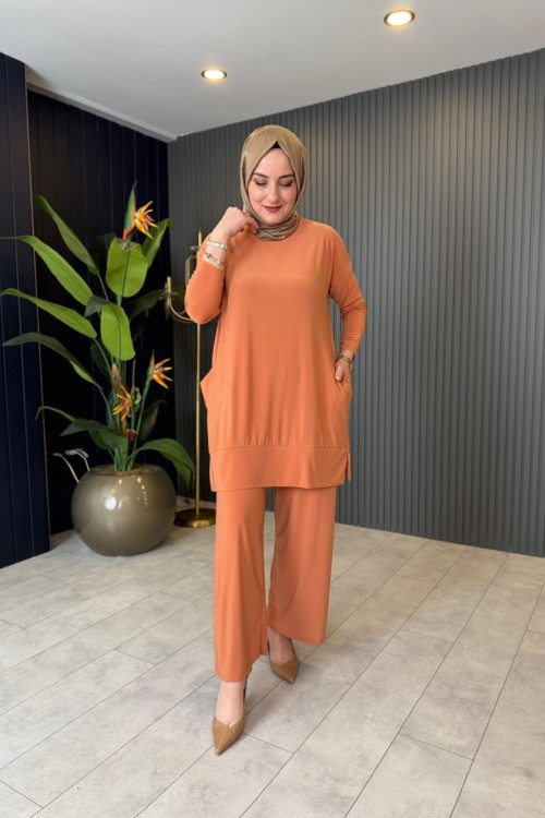 Tuniği Cep Detaylı Pantolonlu Takım Kavun İçi Kavun İçi