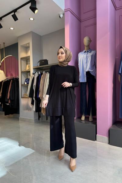 Tuniği Cep Detaylı Pantolonlu Takım Siyah Siyah