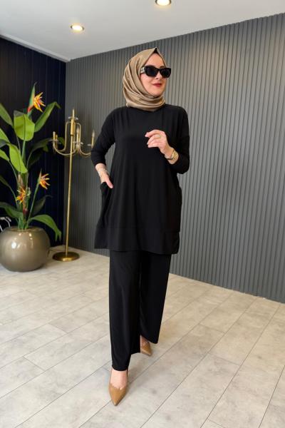 Tuniği Cep Detaylı Pantolonlu Takım Siyah Siyah