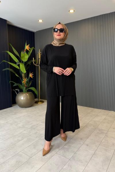 Piliseli Pantolonlu Takım Siyah Siyah