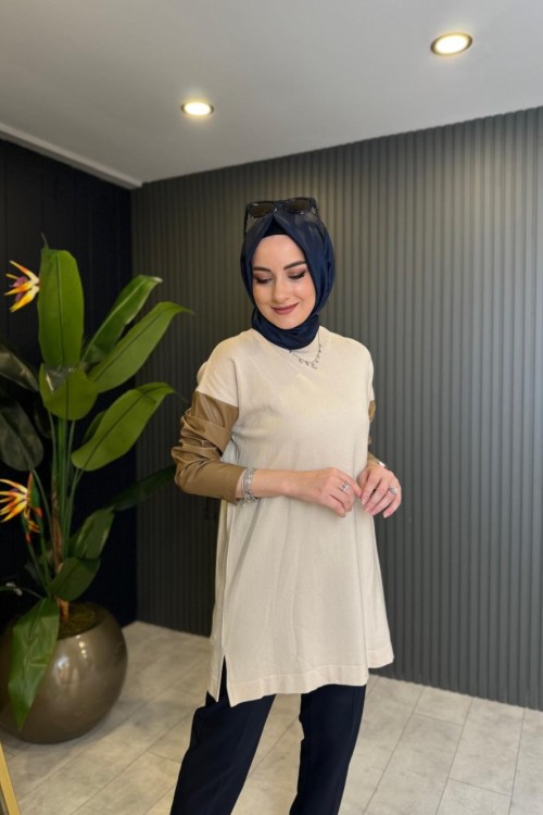 Kolları Deri Detaylı Tunik Bej