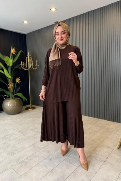 Piliseli Pantolonlu Takım Kahverengi Kahverengi