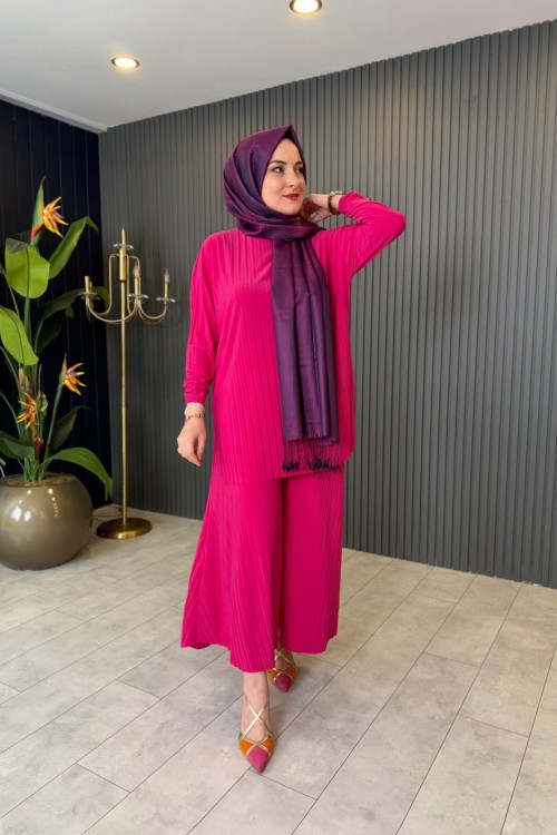 Piliseli Pantolonlu Takım  Fuşya