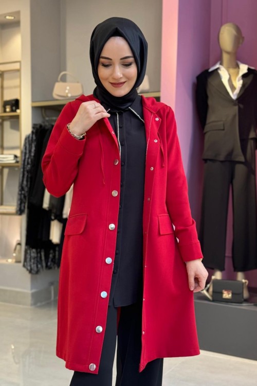 Düğmeli Krep Ceket Kırmızı