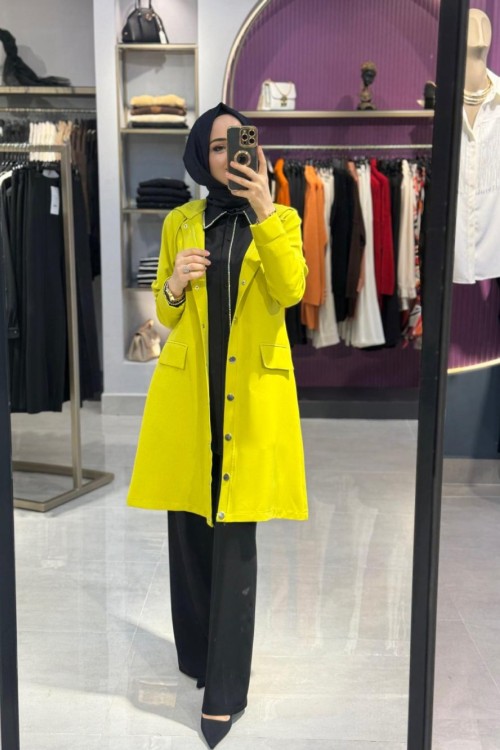 Düğmeli Krep Ceket Yağ Yeşili