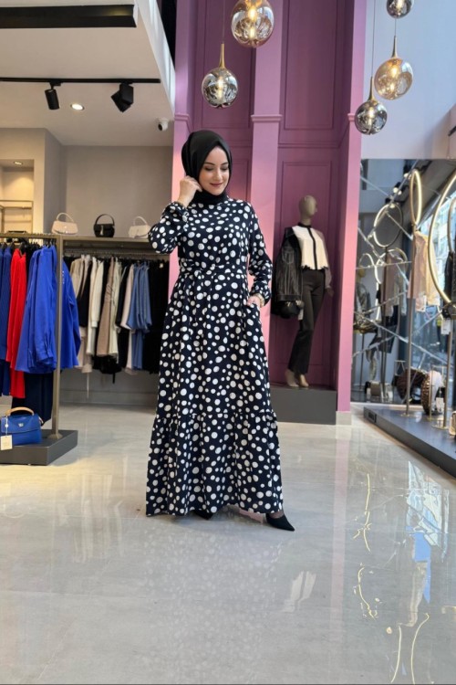 Desenli Elbise Lacivert