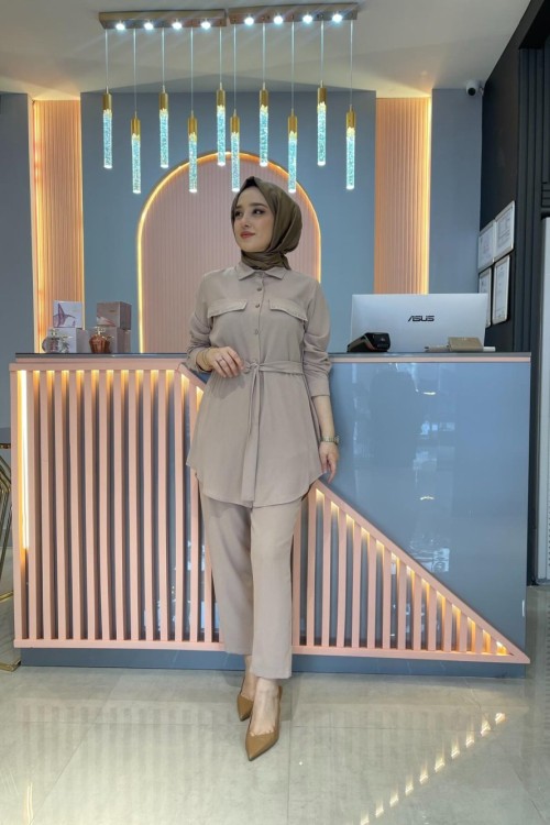 Cep Taş Detaylı Takım Bej