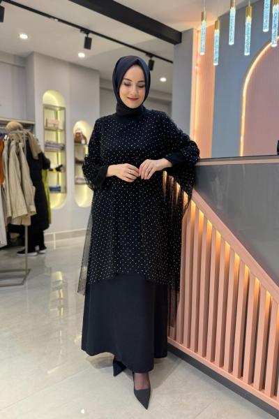 Taşlı Abiye Elbise Siyah