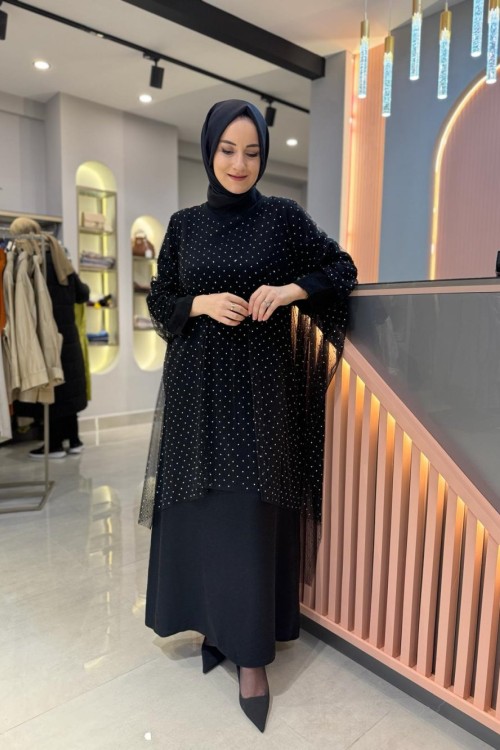 Taşlı Abiye Elbise Siyah