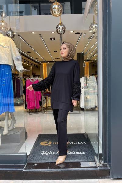 Qupra Kolu Püsküllü Flora Takım Siyah Siyah