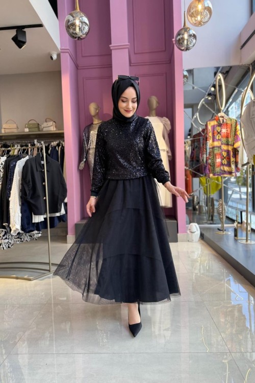 Etekli Abiye Takım Pullu Siyah