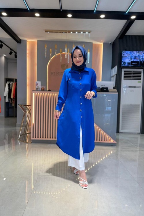 Düğme Detay Cepli Tunik Saks Mavisi