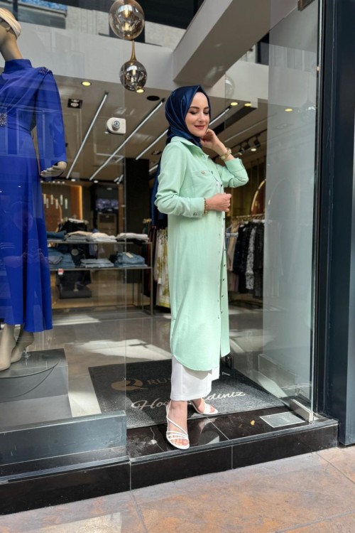 Düğme Detay Cepli Tunik Su Yeşili