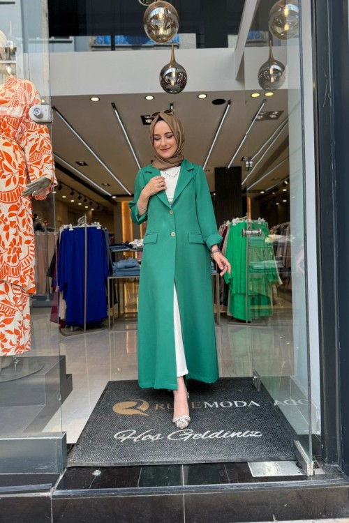 Düğmeli Uzun Krep Ceket Zümrüt