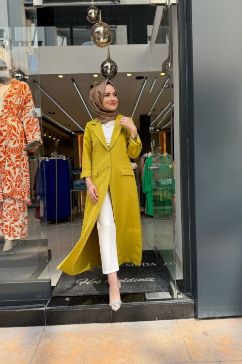 Düğmeli Uzun Krep Ceket Yağ Yeşili