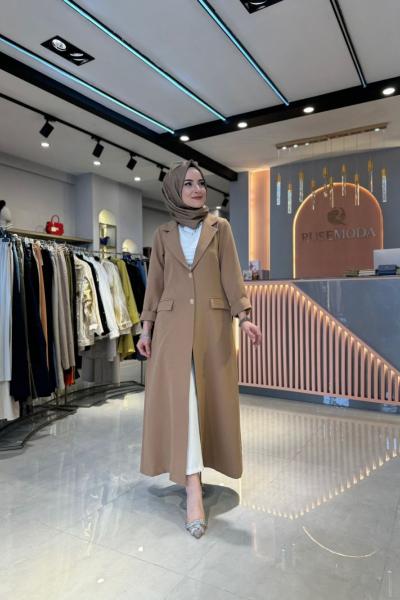Düğmeli Uzun Krep Ceket Camel