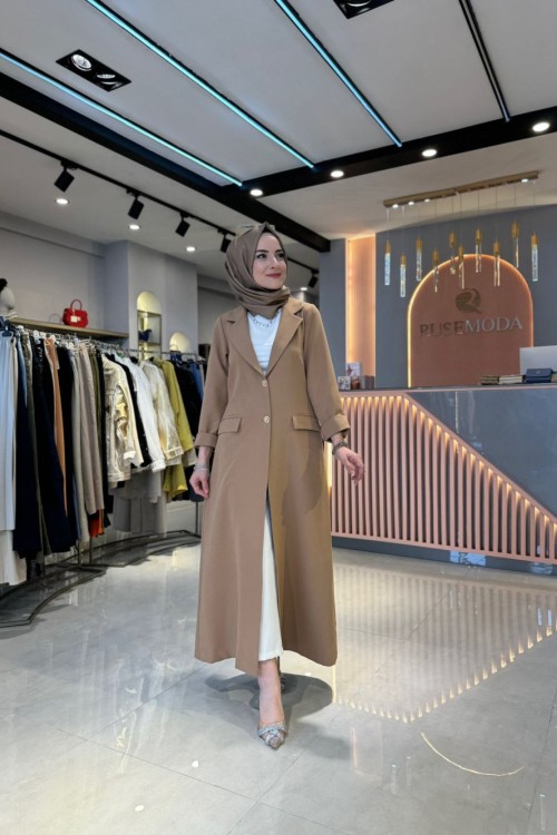 Düğmeli Uzun Krep Ceket Camel