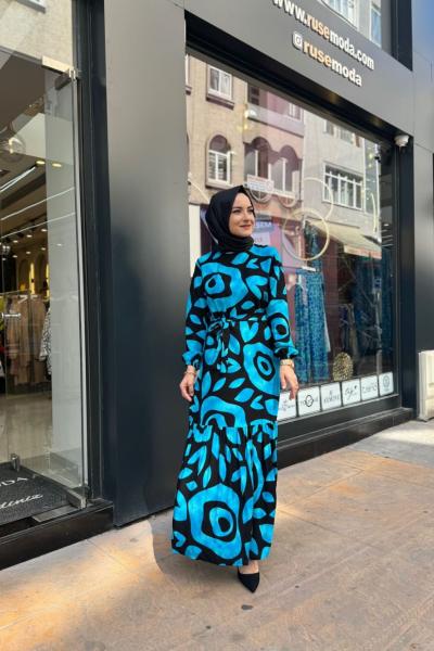 Desenli C Yaka Elbise İndigo Mavi