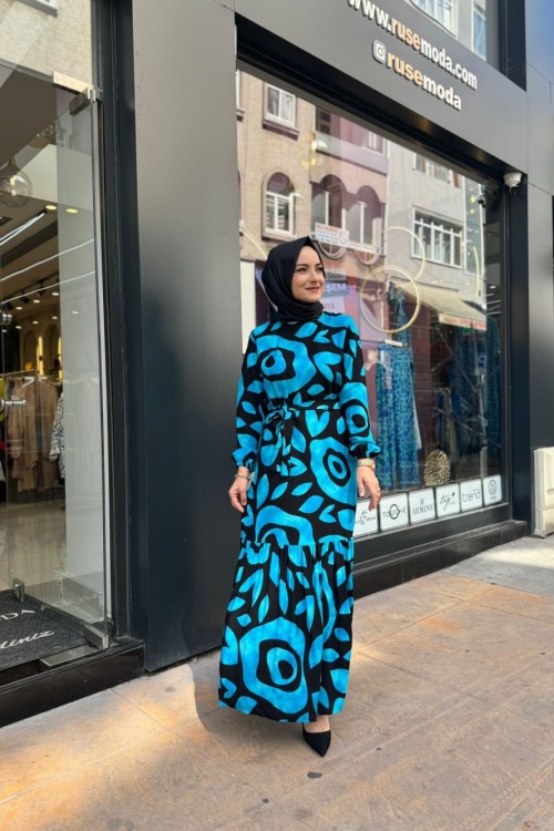 Desenli C Yaka Elbise İndigo Mavi