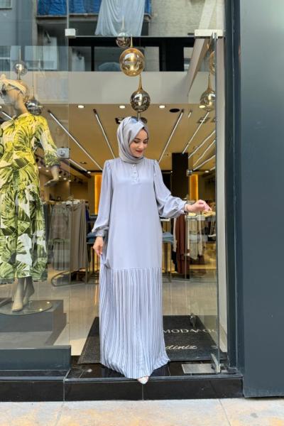 Eteği Piliseli Elbise Gri