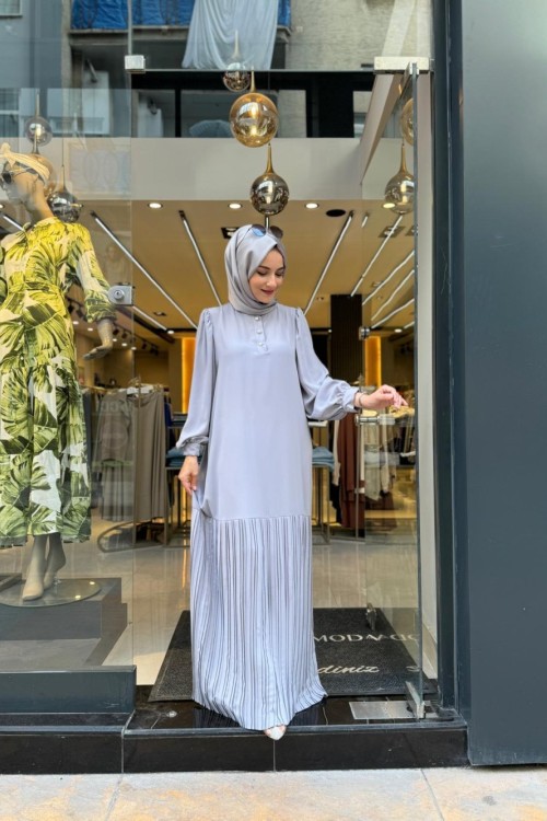 Eteği Piliseli Elbise Gri