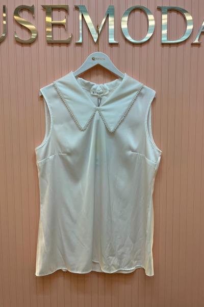 Yakası incili Bluz Ekru